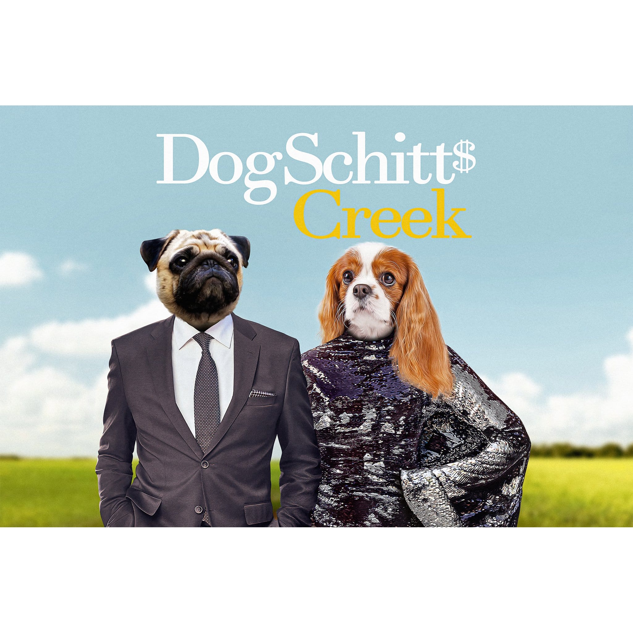Custom digital portrait featuring a pug in a suit and a Cavalier King Charles Spaniel in a sequined dress, parodying "Schitt's Creek.