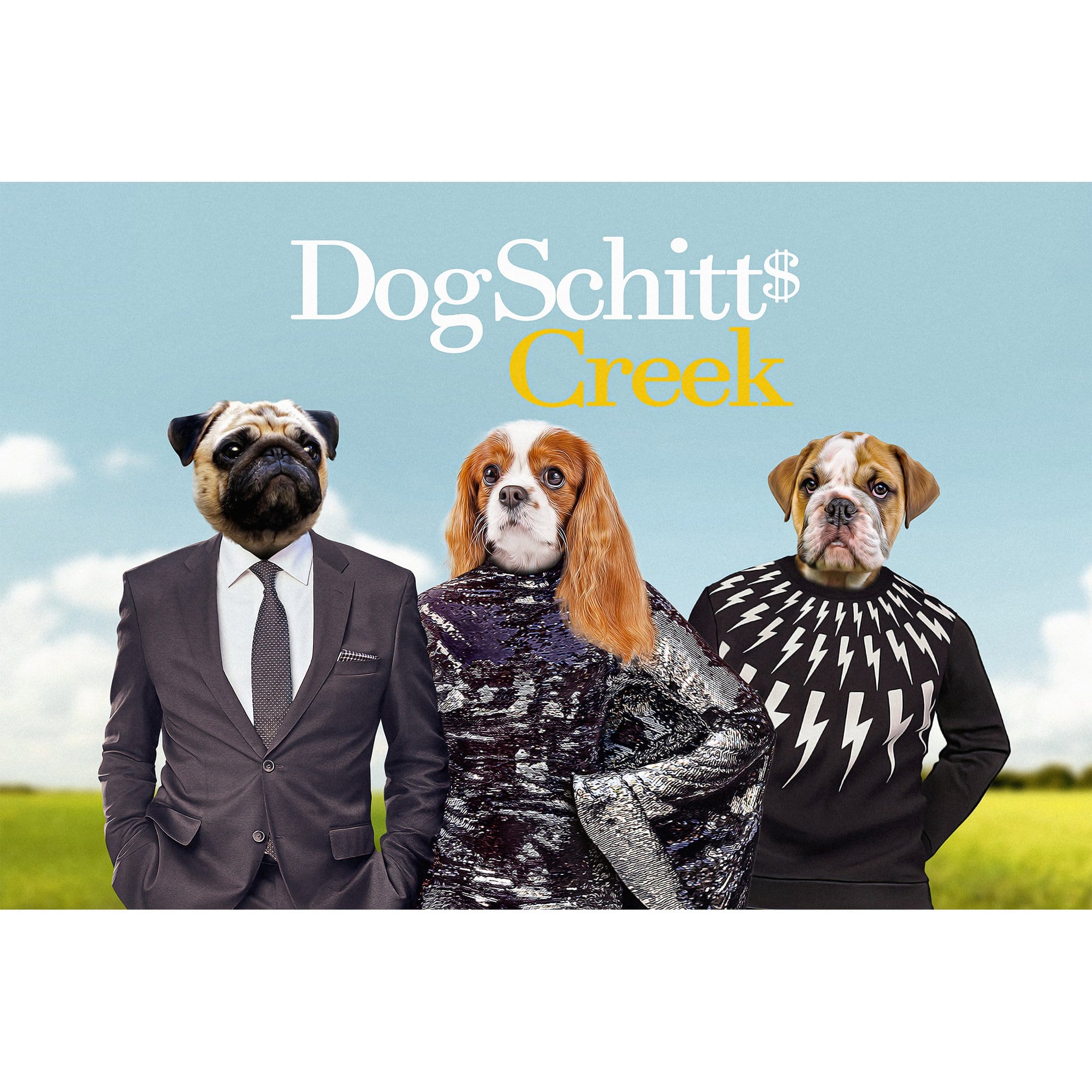 Custom digital portrait of three pets (pug, cavalier, bulldog) in "DogSchitt's Creek" style.