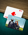 Personalized playing cards featuring custom pet portraits of a pug in a suit and a cavalier king charles spaniel.