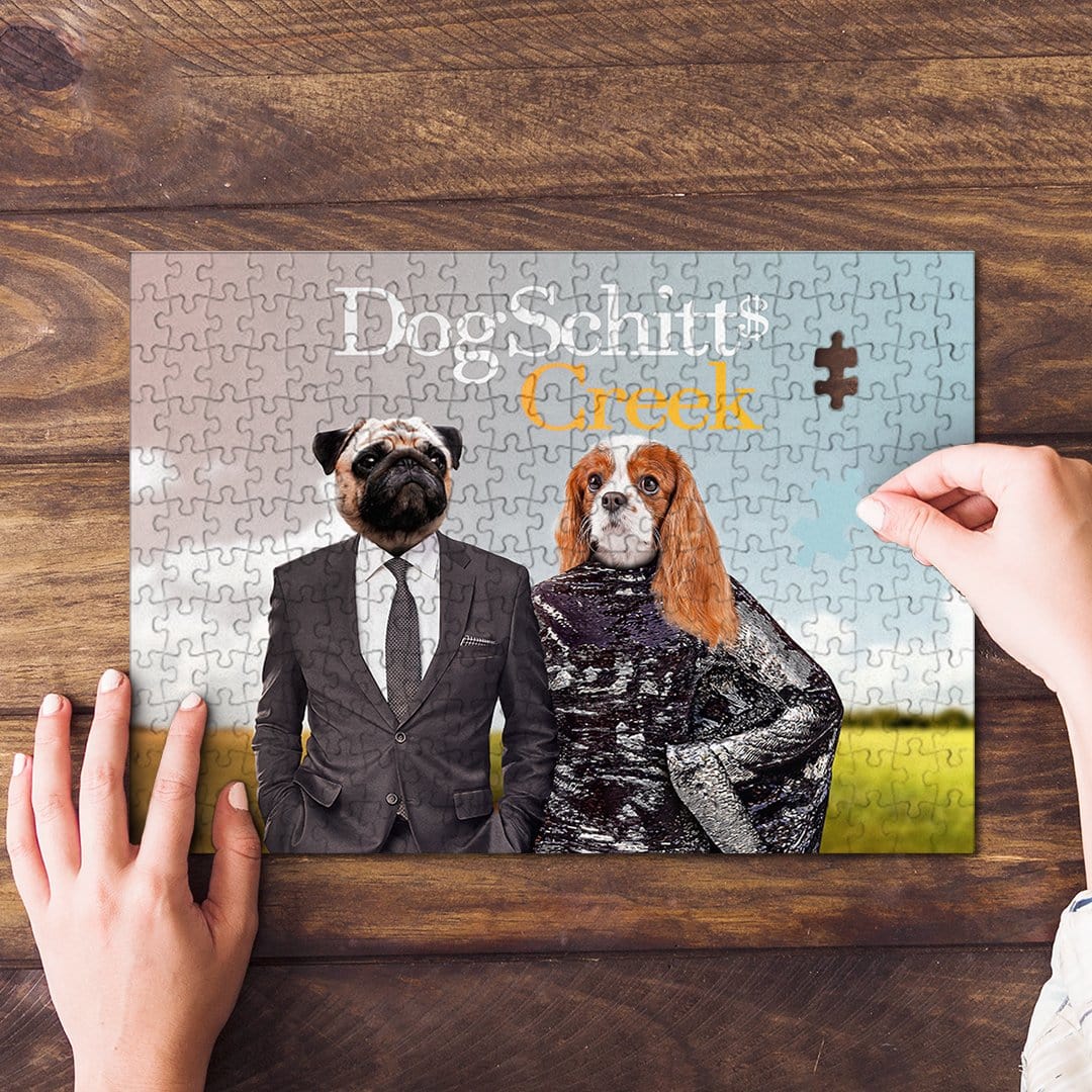 Personalized "DogSchitt's Creek" puzzle featuring a pug in a suit and a Cavalier King Charles Spaniel.