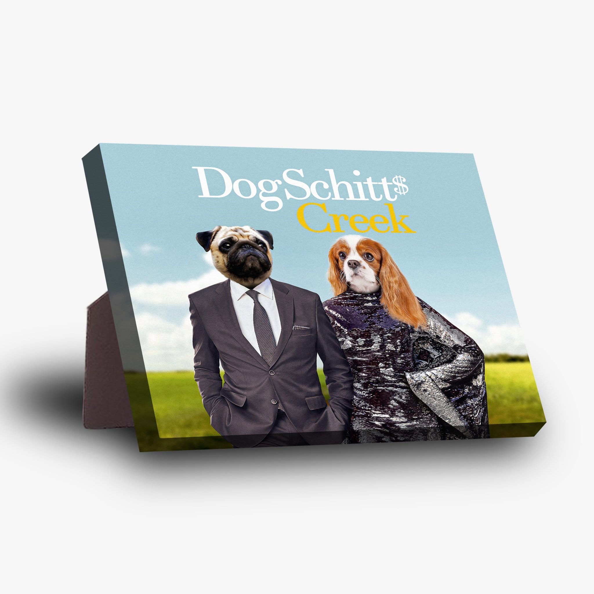 Personalized 'DogSchitt's Creek' standing canvas featuring two pets in formal attire against a blue sky.