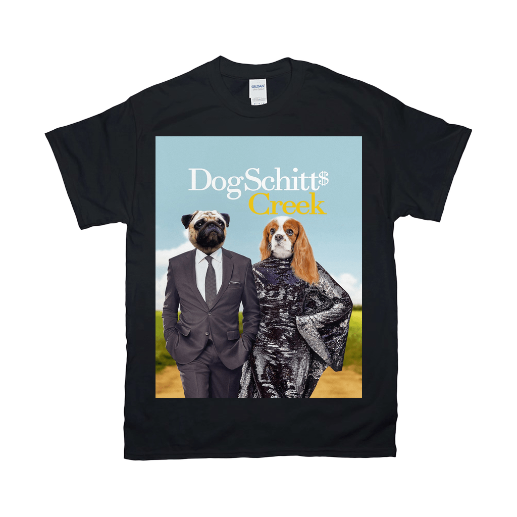 Black Gildan t-shirt featuring a "DogSchitt's Creek" design with a pug in a suit and a Cavalier King Charles Spaniel in a sequin dress.