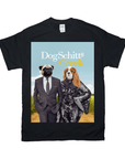 Black Gildan t-shirt featuring a "DogSchitt's Creek" design with a pug in a suit and a Cavalier King Charles Spaniel in a sequin dress.
