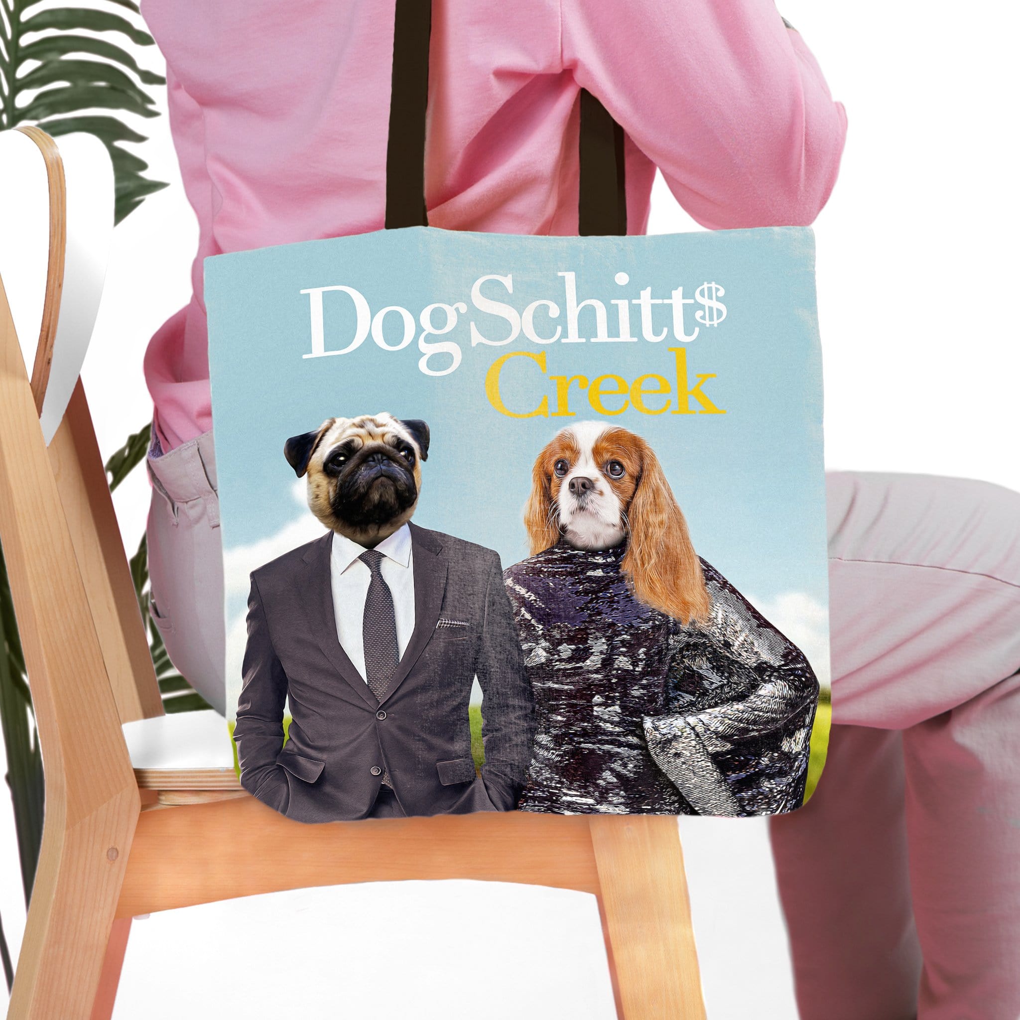 Personalized DogSchitt's Creek tote bag with custom pug and cavalier King Charles spaniel pet portraits.