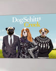 Personalized "DogSchitt's Creek" canvas featuring three pets dressed in human clothes, against a blue sky and green field.