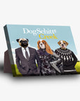Personalized DogSchitt's Creek standing canvas featuring three pets in human clothes against a blue sky.
