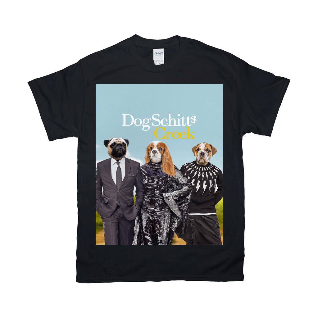 Black Gildan t-shirt with "DogSchitt's Creek" design featuring three pets dressed as characters.