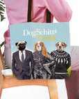 Personalized DogSchitt's Creek tote bag with three custom pet portraits: a pug, a Cavalier King Charles Spaniel, and a bulldog.