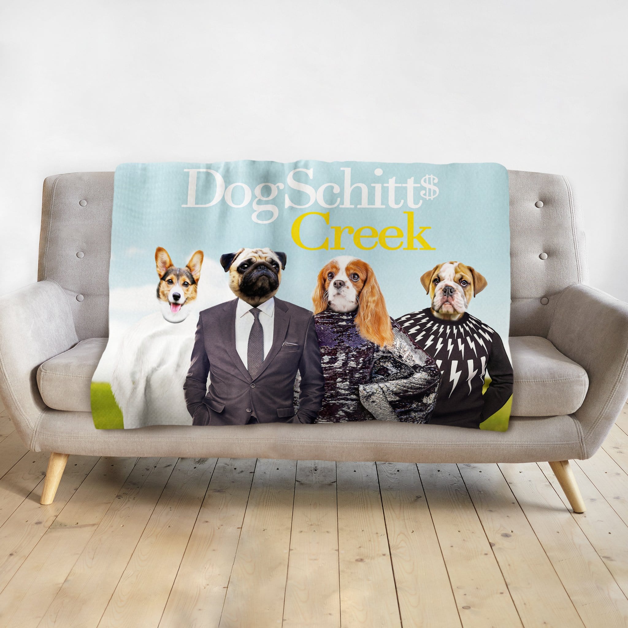 Personalized DogSchitt's Creek blanket featuring four custom pet portraits in human clothes.