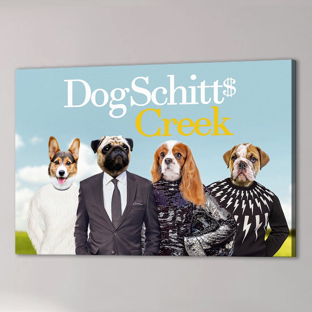 Personalized "DogSchitt's Creek" canvas featuring four pets dressed as characters, light blue background.