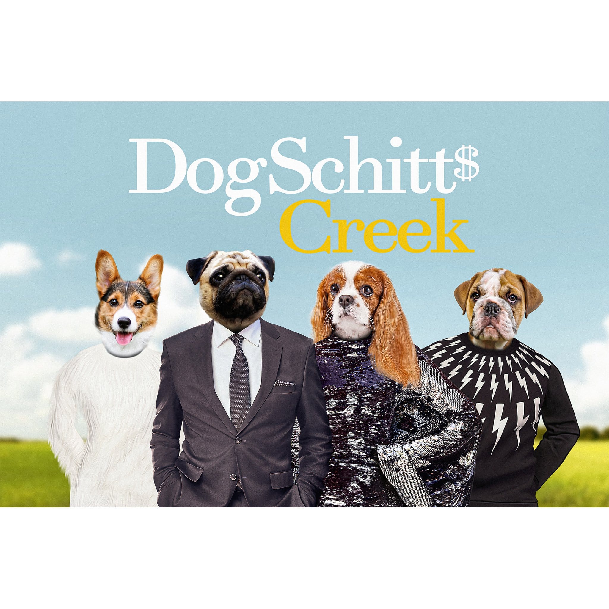 Custom digital portrait of four pets dressed as characters from DogSchitt's Creek.