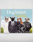 Personalized 'DogSchitt's Creek' poster featuring four pets in human clothing against a blue sky.