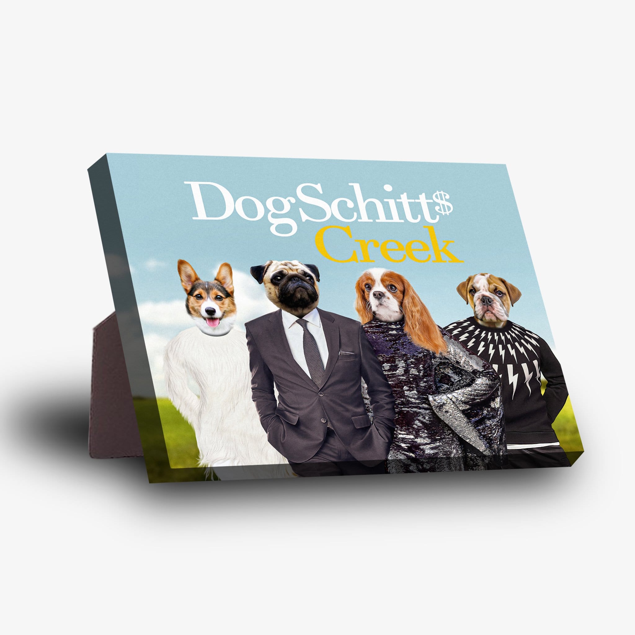 DogSchitt's Creek personalized 4-pet standing canvas with dogs in human clothes on a light blue background.