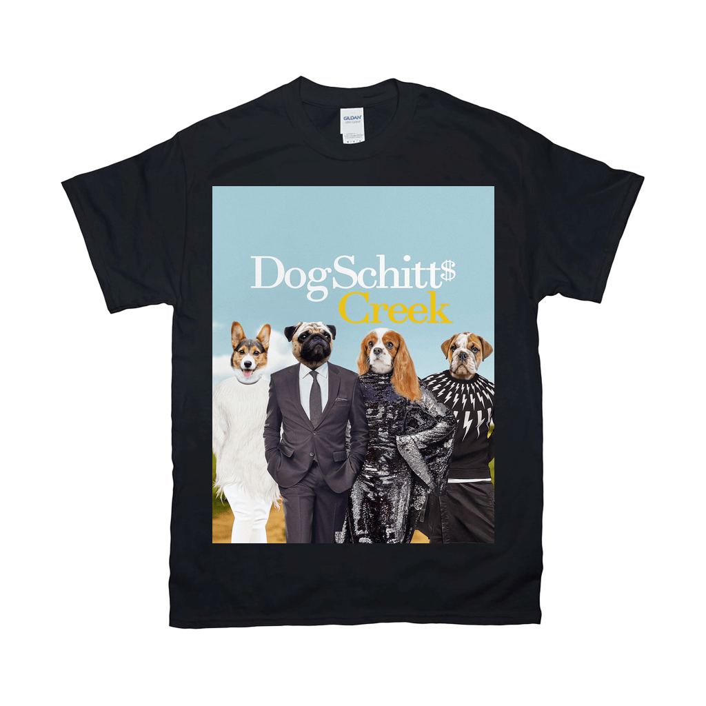 Black Gildan t-shirt with "DogSchitt's Creek" text and four dogs dressed as characters.