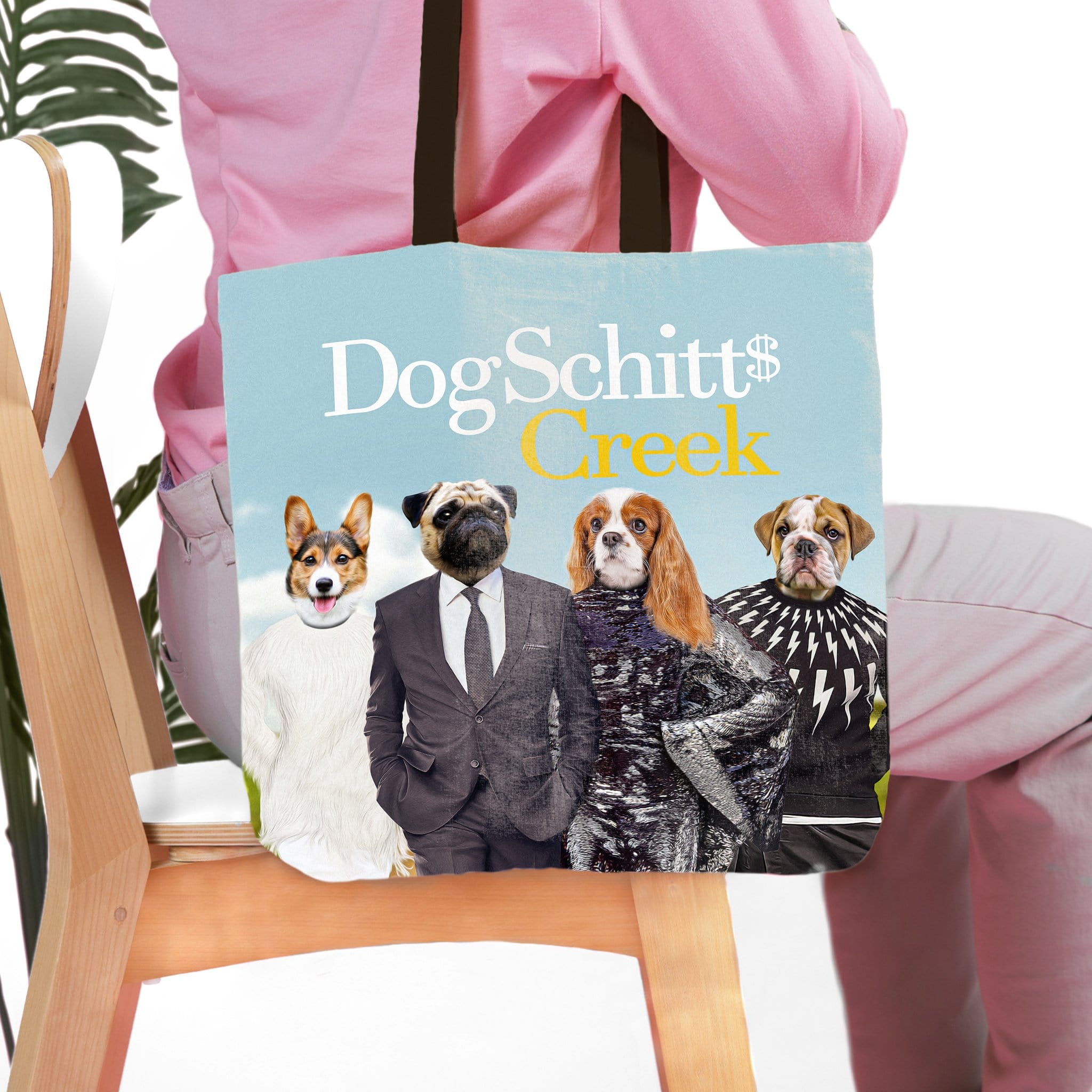 Personalized DogSchitt's Creek tote bag with four custom pet portraits in human clothes.