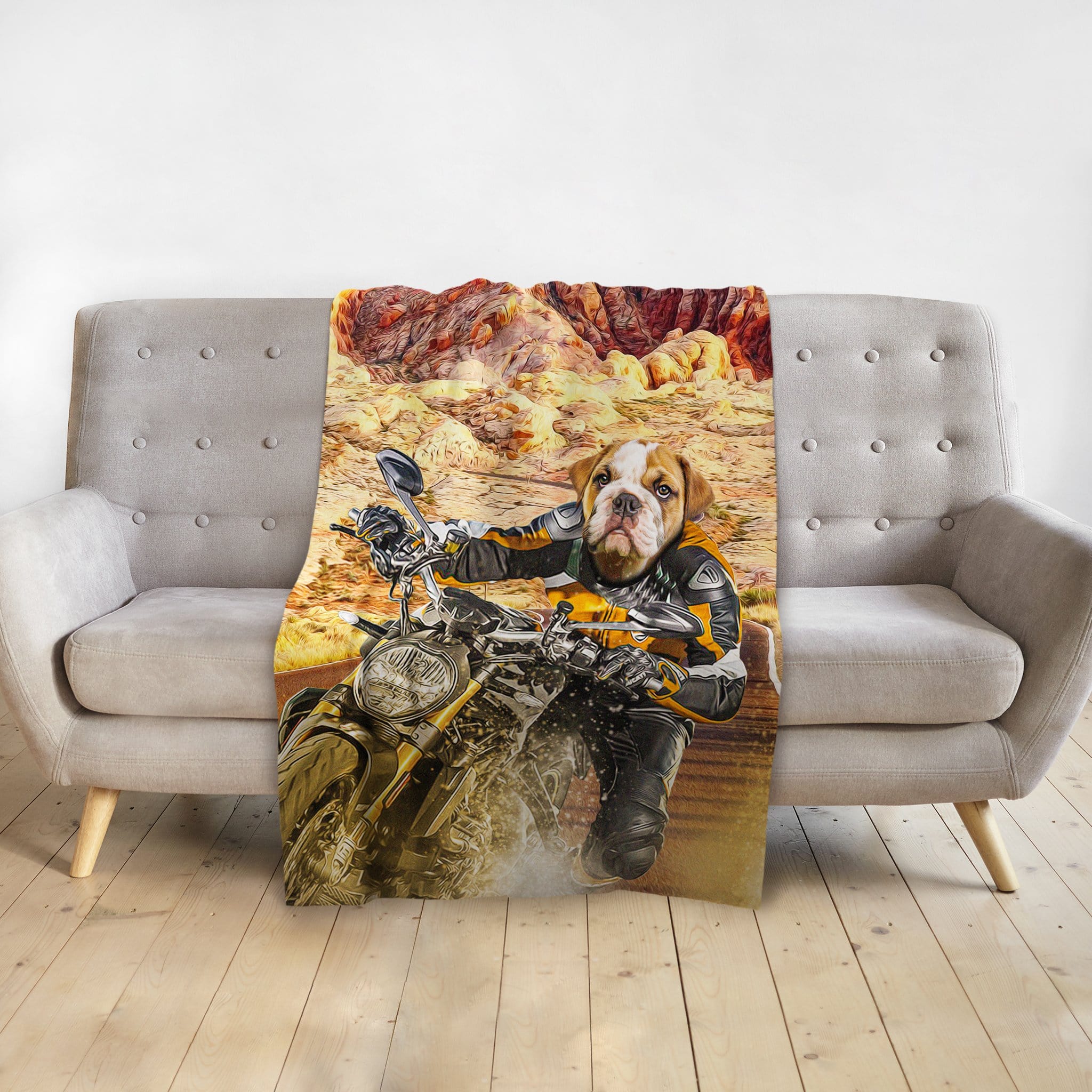 Personalized pet blanket with a bulldog in a biker suit riding a motorcycle through a desert landscape.