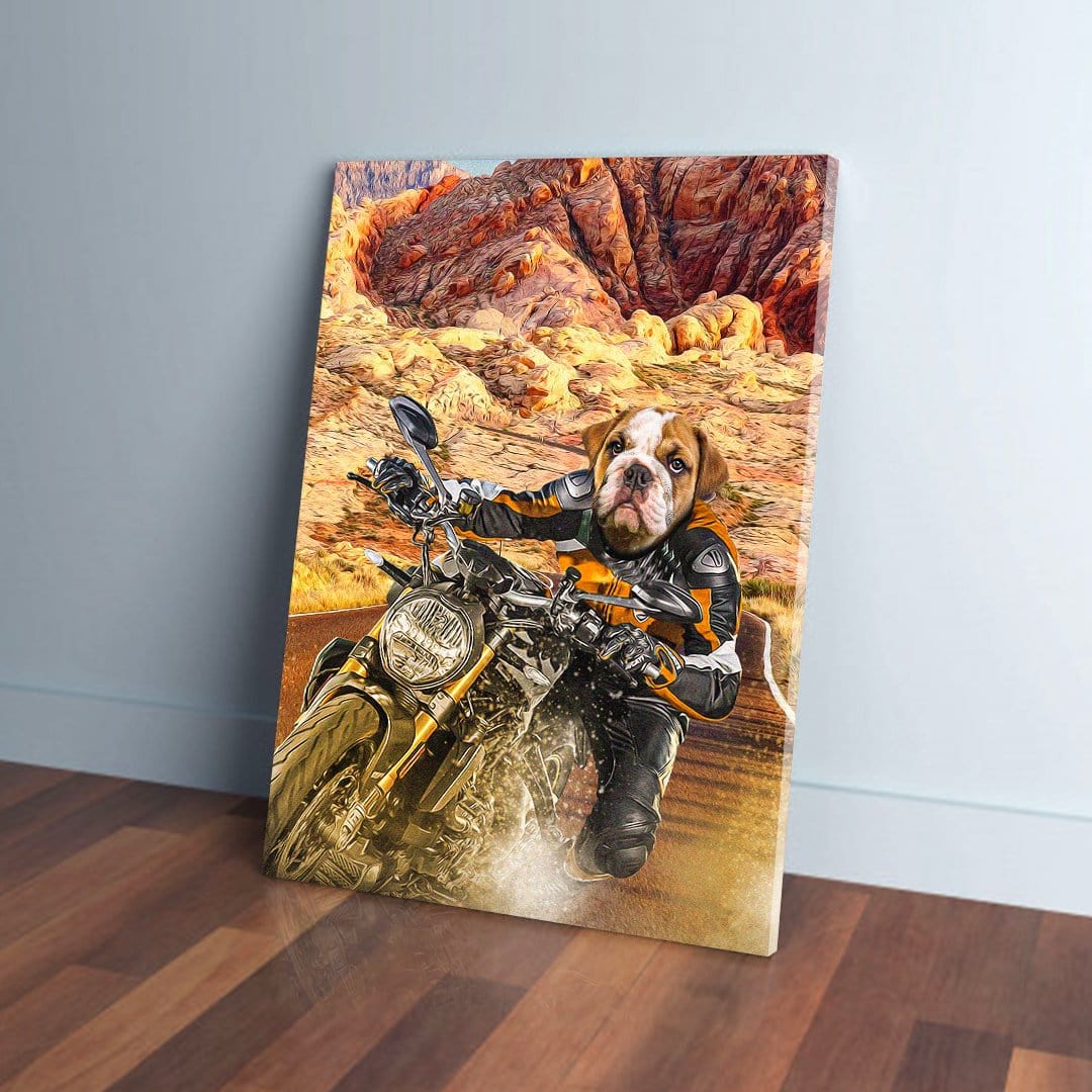Personalized canvas featuring a bulldog's head on a biker riding a motorcycle through a desert landscape.