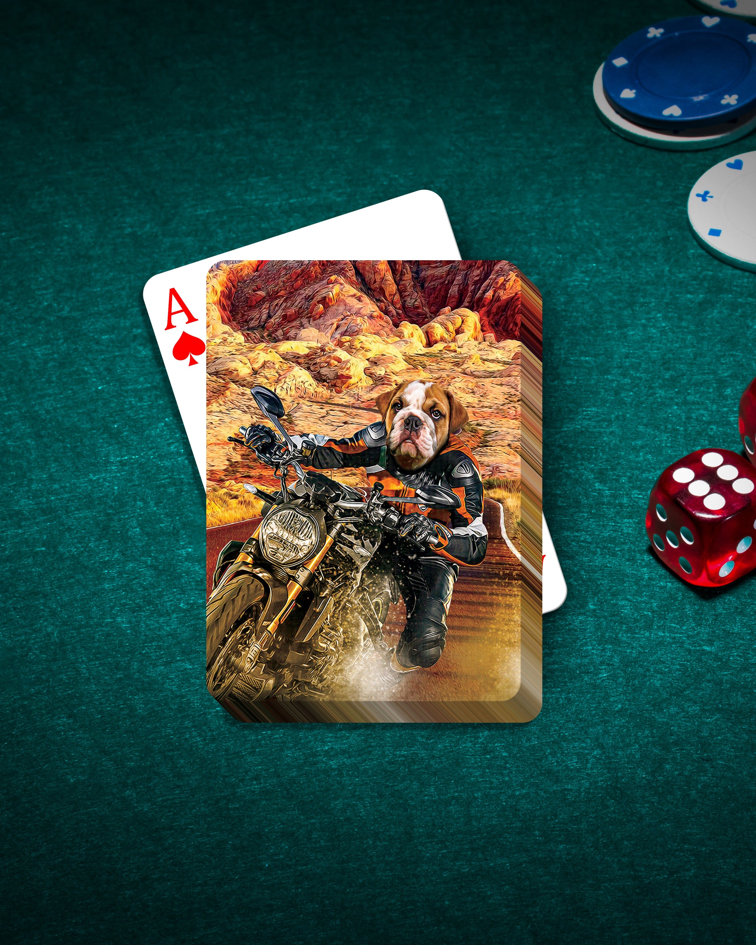 Personalized playing card featuring a custom dog portrait as a "Dogati Rider" on a motorcycle.