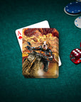 Personalized playing card featuring a custom dog portrait as a "Dogati Rider" on a motorcycle.
