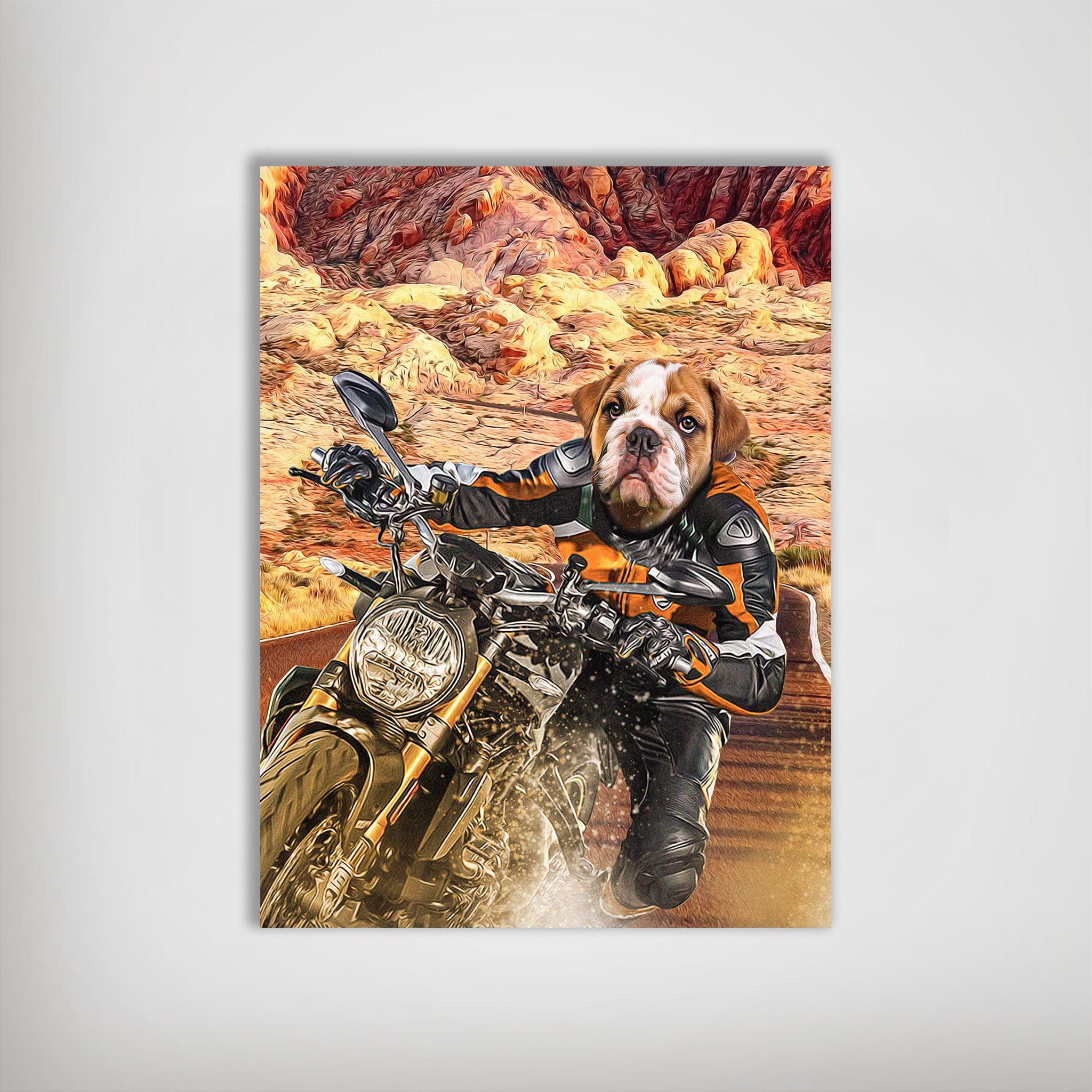 Personalized matte poster featuring a bulldog in a black and orange motorcycle suit riding a bike through a desert landscape.