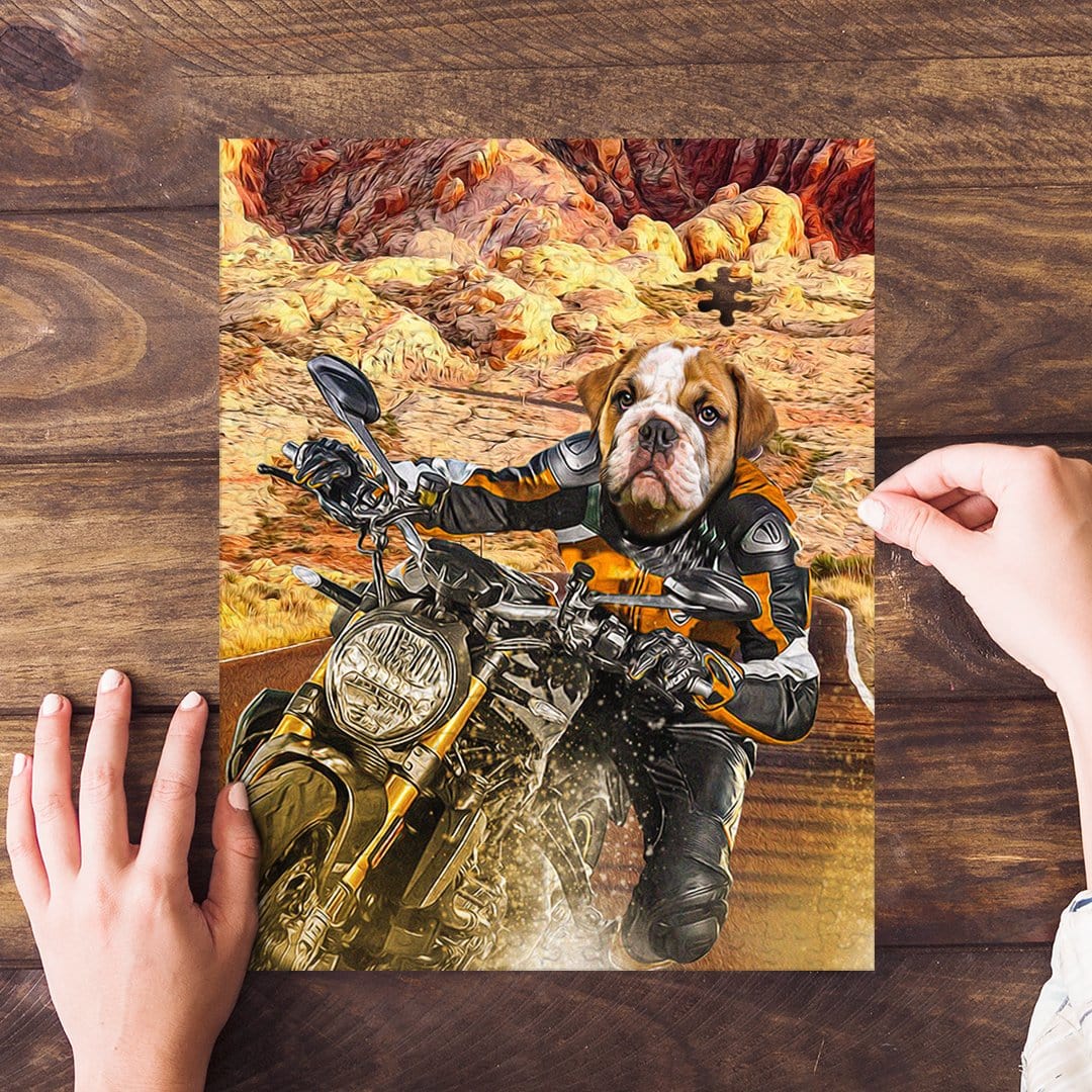 Personalized Dogati Rider pet puzzle featuring a bulldog in a motorcycle suit on a desert road.