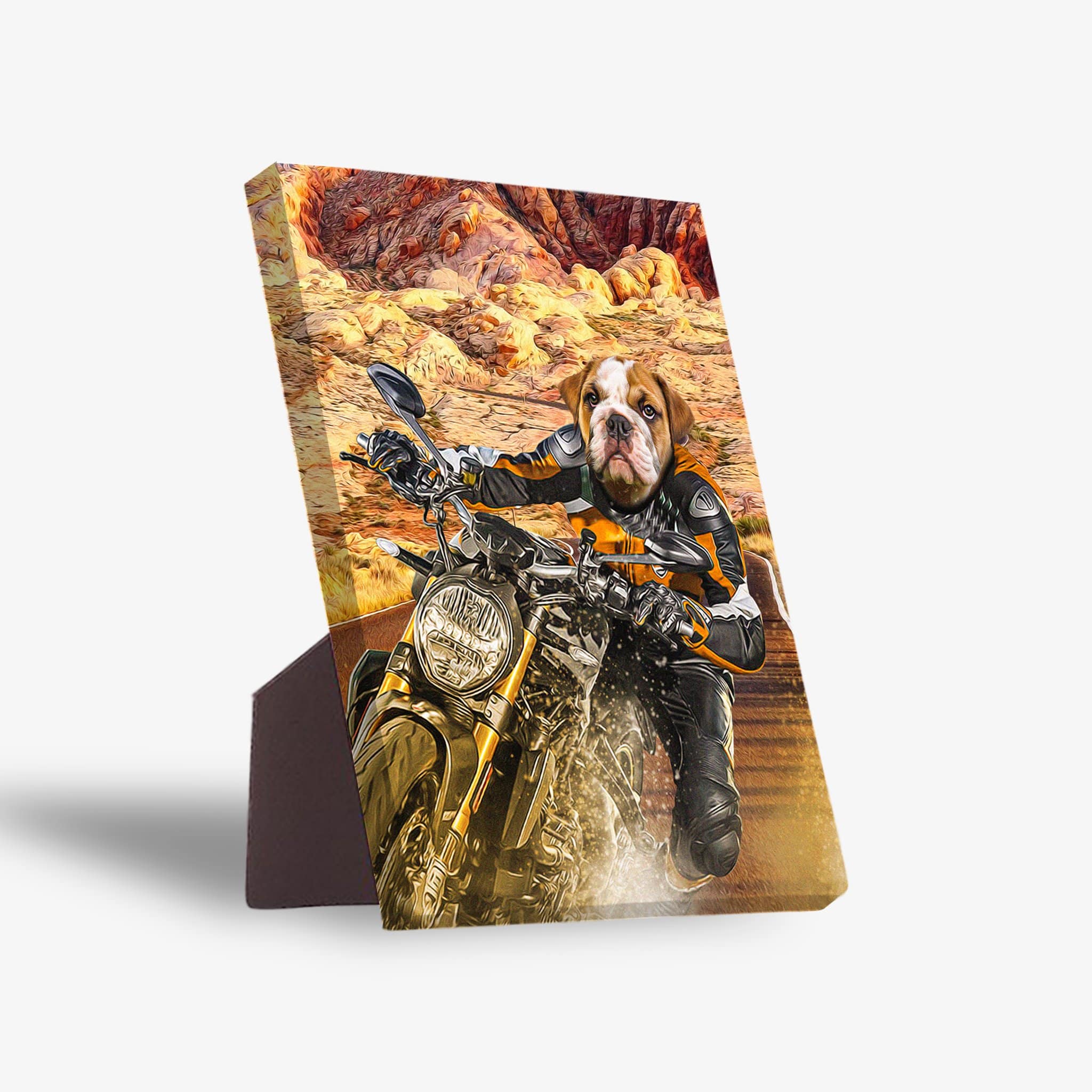 Personalized Dogati Rider standing canvas featuring a bulldog in biker gear on a motorcycle, desert background.