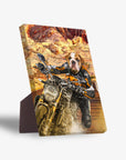 Personalized Dogati Rider standing canvas featuring a bulldog in biker gear on a motorcycle, desert background.