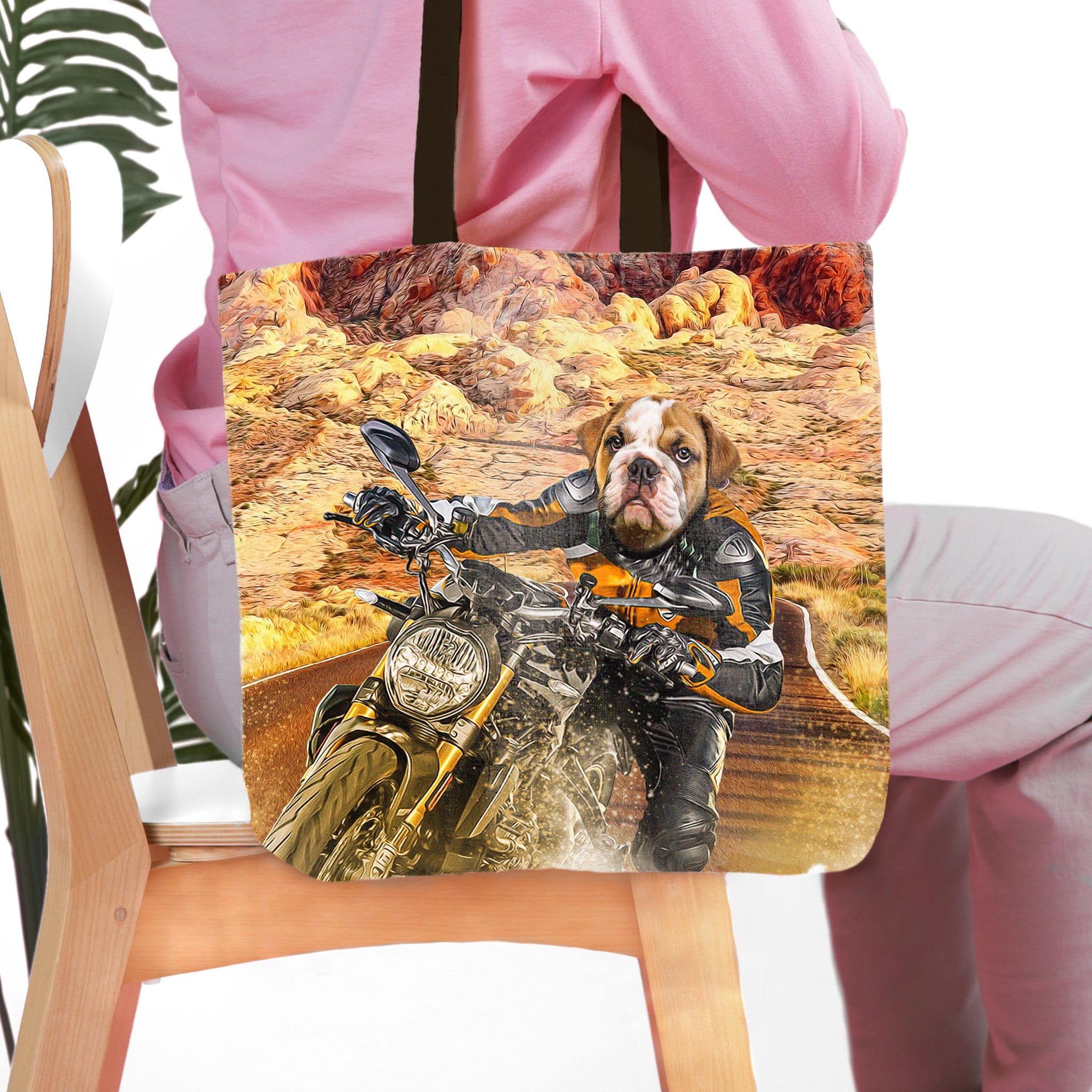 Personalized tote bag with a bulldog pet portrait in a 'Dogati Rider' motorcycle art style.