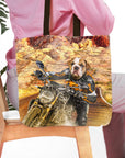 Personalized tote bag with a bulldog pet portrait in a 'Dogati Rider' motorcycle art style.