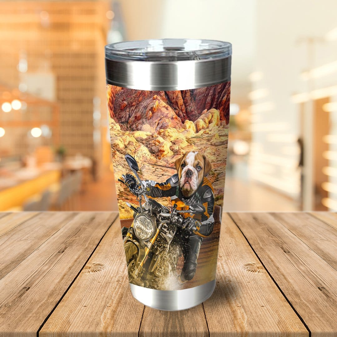 Personalized stainless steel tumbler with a bulldog pet portrait riding a motorcycle in a desert scene.