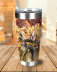 Personalized stainless steel tumbler with a bulldog pet portrait riding a motorcycle in a desert scene.