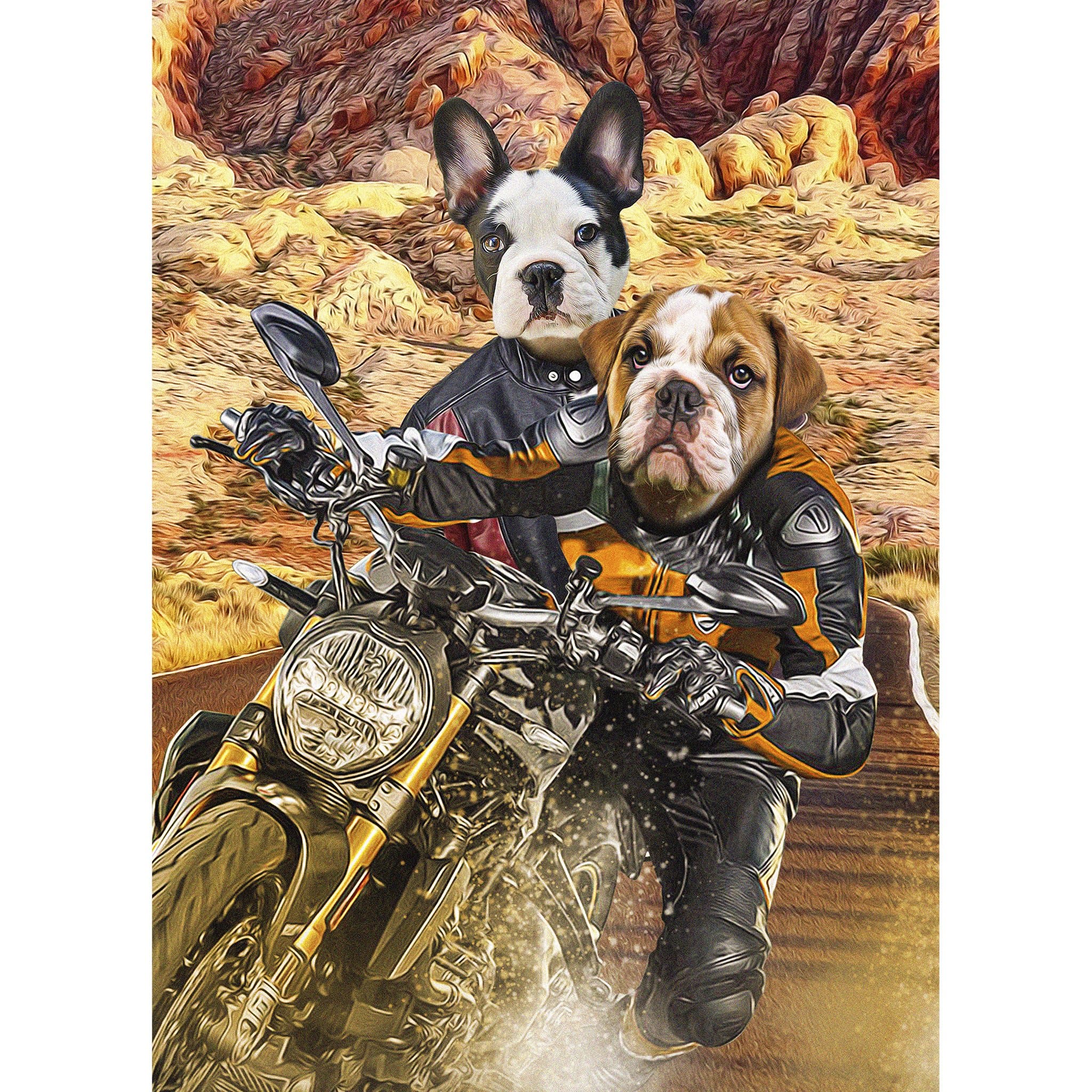 Custom digital portrait of two pets, a French Bulldog and an English Bulldog, riding a motorcycle.