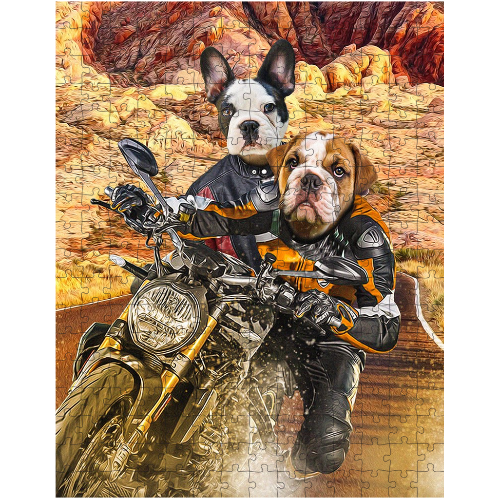 Personalized 2-pet puzzle featuring a Boston Terrier and Bulldog riding a motorcycle in a desert landscape.