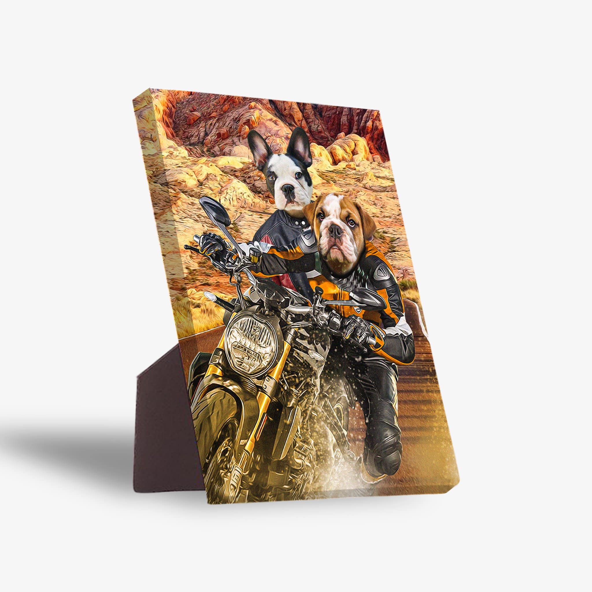 Personalized standing canvas featuring two pets, a French Bulldog and an English Bulldog, riding a motorcycle.
