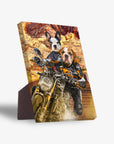 Personalized standing canvas featuring two pets, a French Bulldog and an English Bulldog, riding a motorcycle.