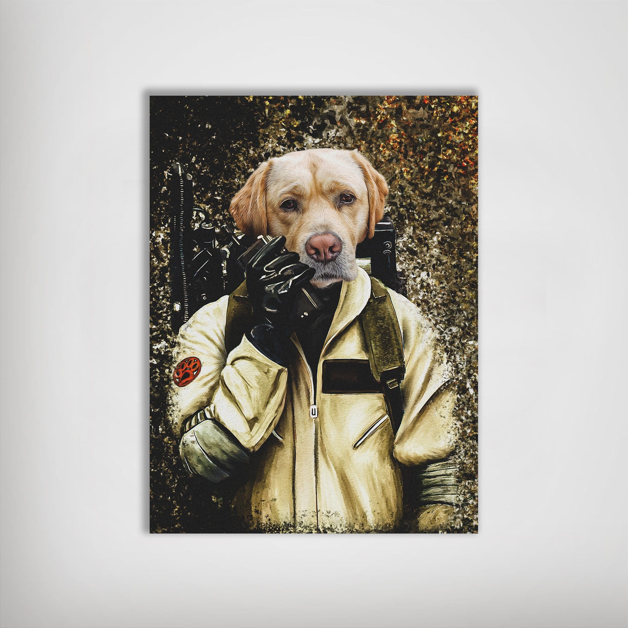Personalized 'Dogbuster' poster featuring a golden retriever in a beige ghostbuster suit with a proton pack.