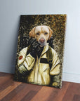 Personalized Dogbuster pet canvas featuring a golden retriever in a beige ghostbuster suit.
