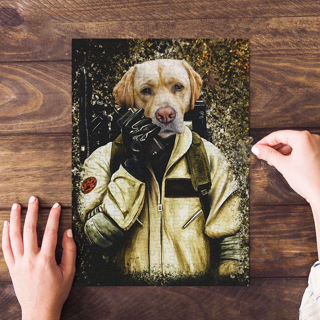 Personalized 'Dogbuster' pet puzzle featuring a golden retriever in a Ghostbusters uniform.