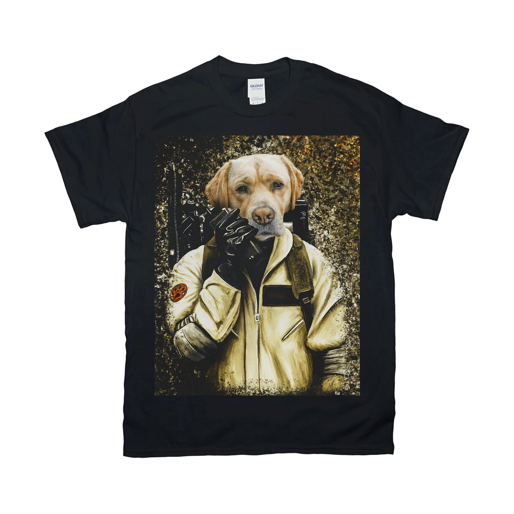 Black Gildan t-shirt with a personalized "Dogbuster" design featuring a golden retriever in a beige uniform.