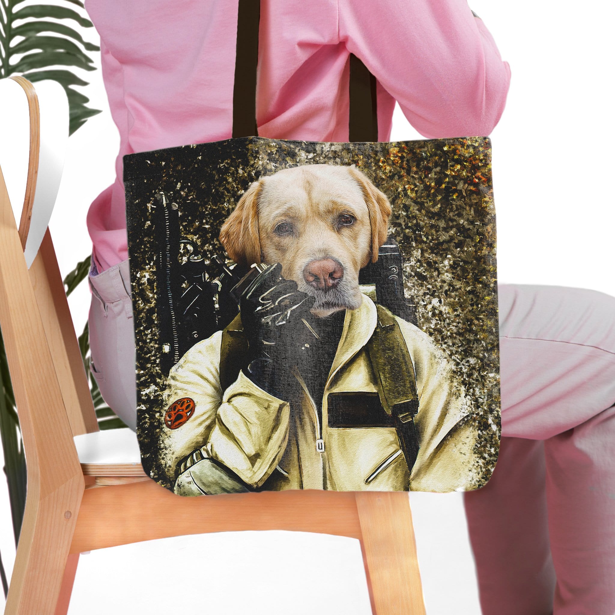 Personalized 'Dogbuster' tote bag with a golden retriever pet portrait in a Ghostbusters uniform.