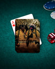 Custom 'Dogbusters' personalized playing cards featuring two pugs in Ghostbusters costumes on a green felt table with poker chips and dice.