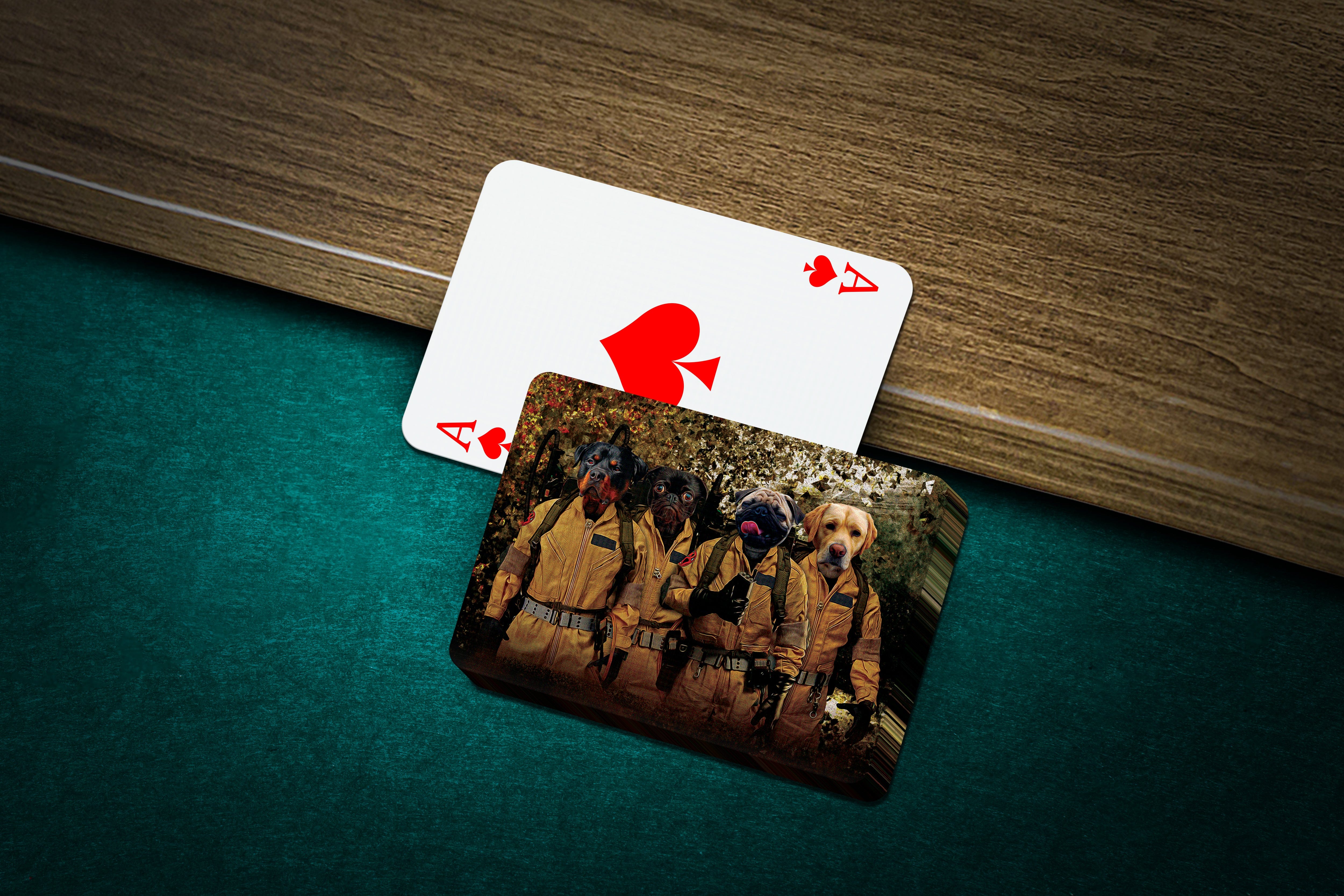Custom Dogbusters personalized playing cards featuring four dogs in Ghostbusters costumes.