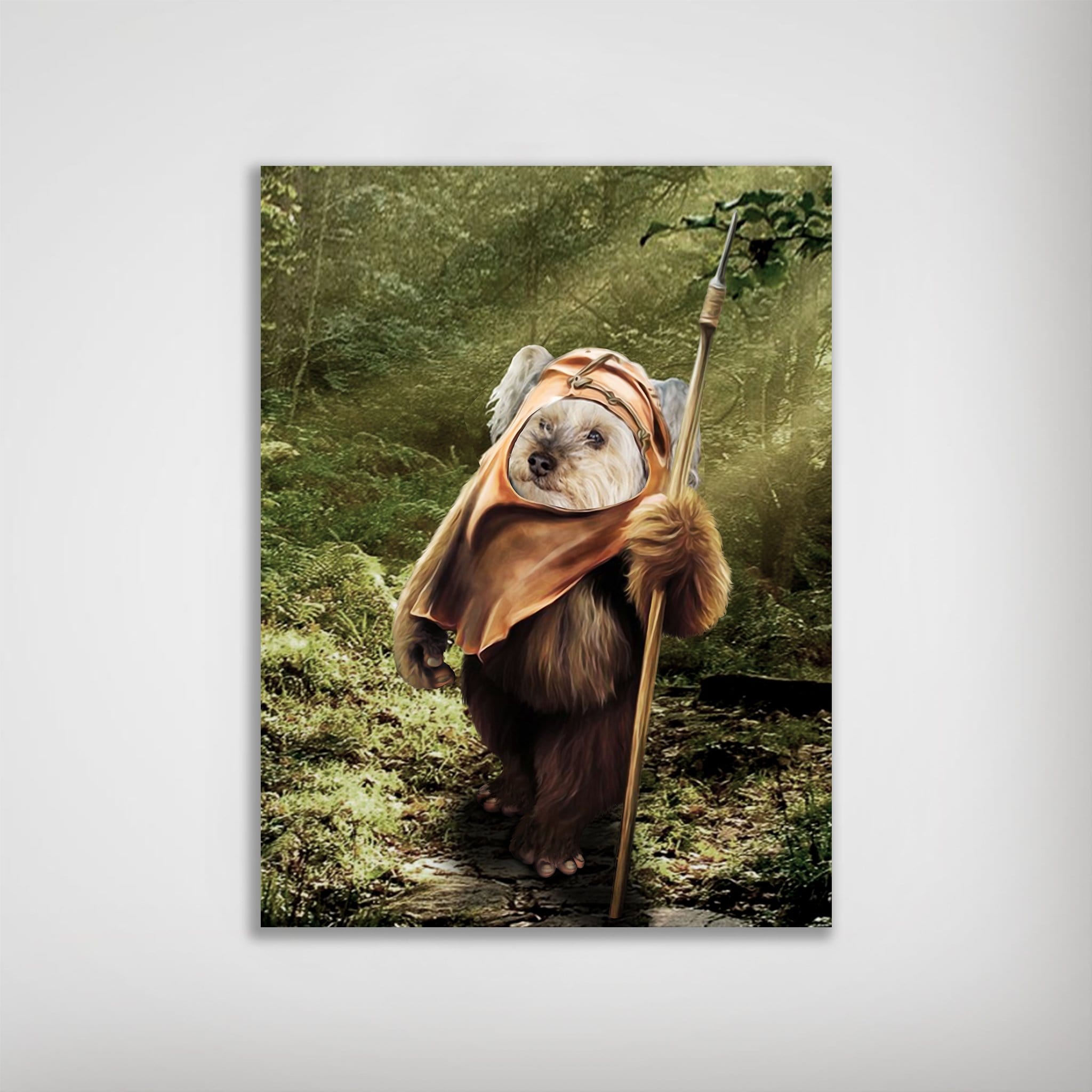 Personalized Dogg-E-Wok poster featuring a dog's face on an Ewok character in a forest setting, holding a spear.