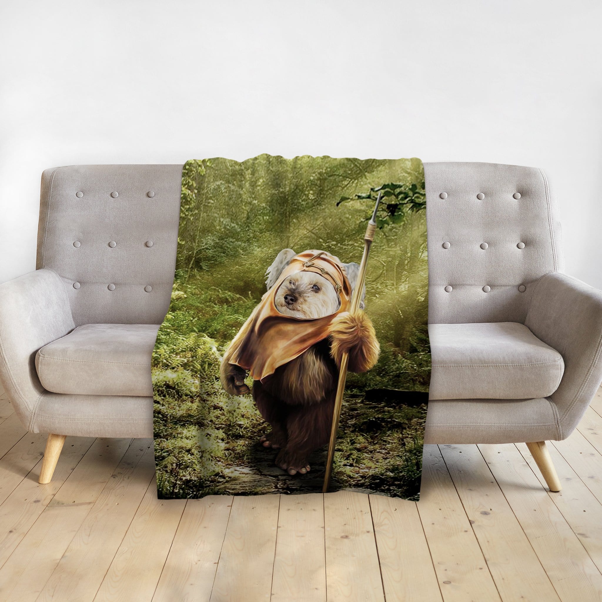 Personalized pet blanket with a custom Doggovinci portrait of a dog dressed as an Ewok in a forest.