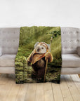 Personalized pet blanket with a custom Doggovinci portrait of a dog dressed as an Ewok in a forest.