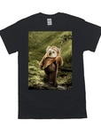 Black Gildan t-shirt with a personalized pet portrait of a dog dressed as an Ewok in a forest.