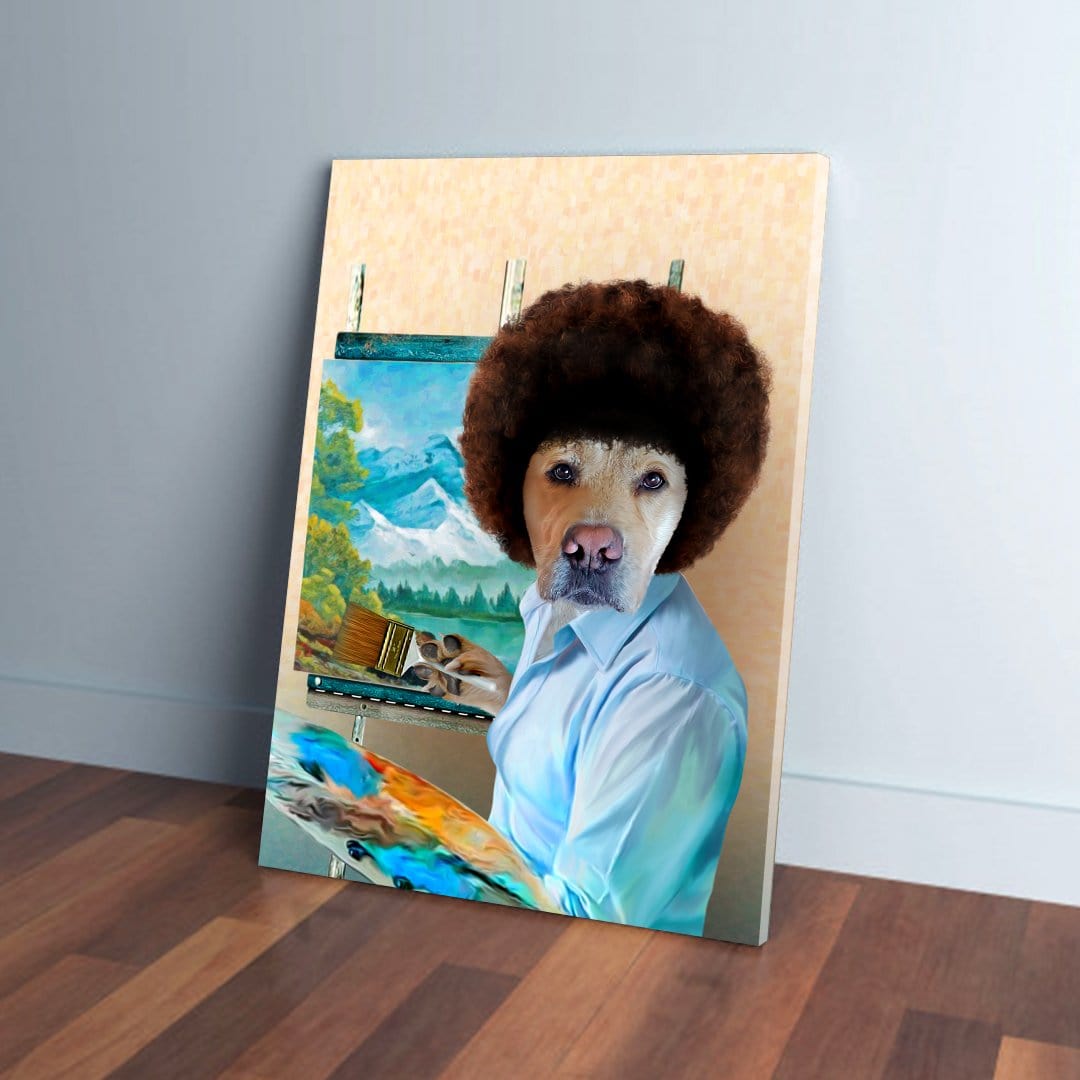 Custom "Dogg Ross" pet canvas featuring a dog with an afro, blue shirt, and painting palette.