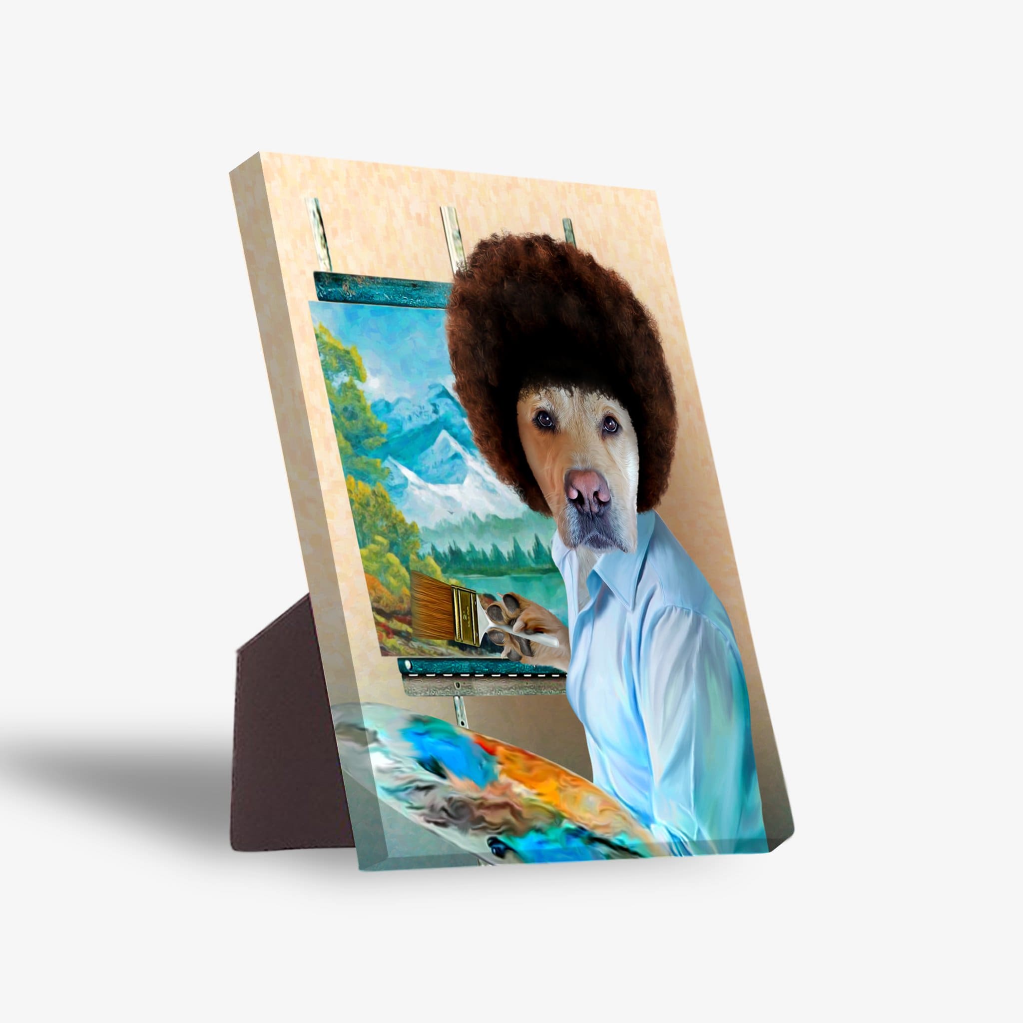 Personalized 'Dogg Ross' pet standing canvas featuring a dog with an afro painting a landscape.