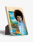 Personalized 'Dogg Ross' pet standing canvas featuring a dog with an afro painting a landscape.