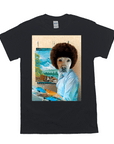 Black Gildan t-shirt with a personalized print of a dog dressed as Bob Ross painting a landscape.